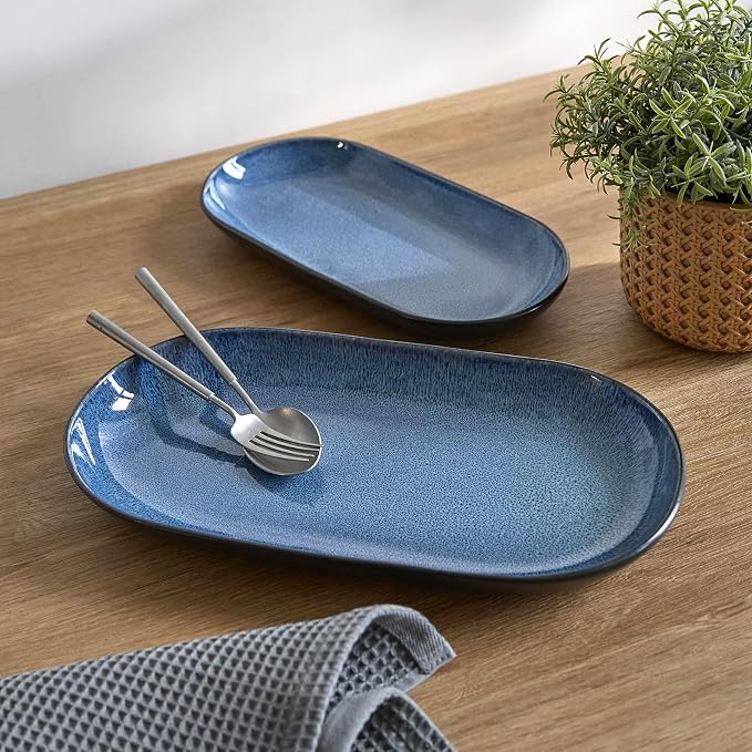 SANGO Resona Blue Serving Platters Set of 2, 14/12 Inch Stoneware Serving Dishes by Sango