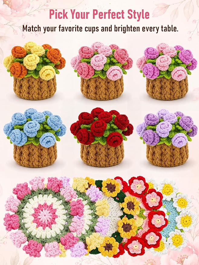 Crochet Flower Bouquet Coasters, Cotton Rose Gifts - Image 9