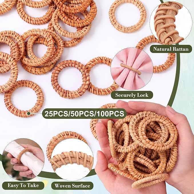 100 Pcs Boho Woven Rattan Napkin Rings Bulk Rustic Style Round Dining Table - Image 3