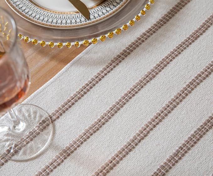 Caflife Boho Table Runner 60 Inchs Long Taupe and Beige, Cotton and Linen Woven - Image 3