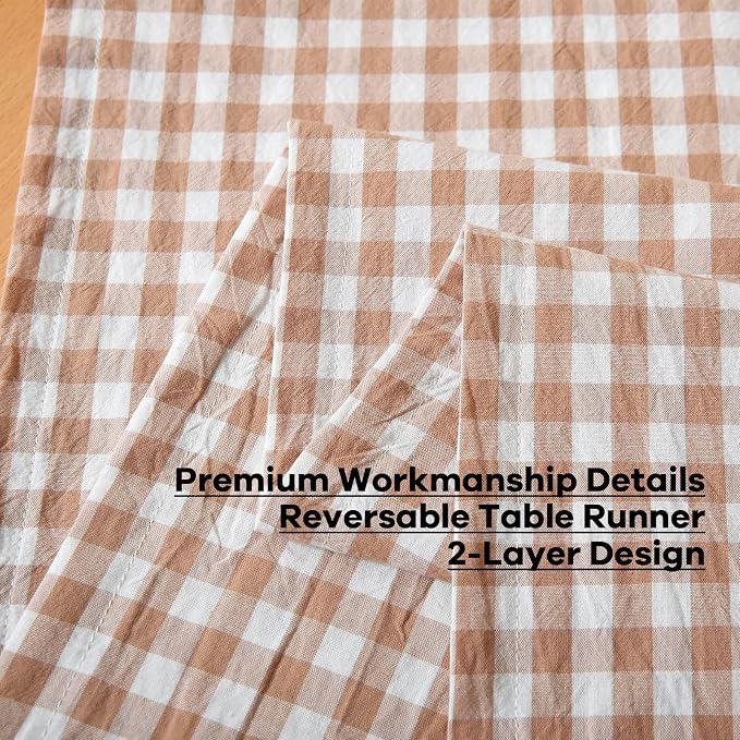 Taupe White Plaid Gingham Ruffle Table Runner 120 inches Long 100% Washed - Image 5