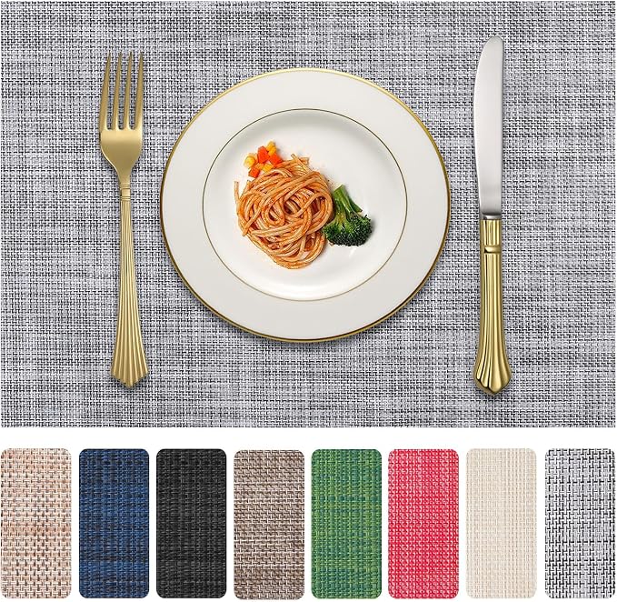Vinyl Placemats Set of 8, PVC Woven Washable Non-Slip Table Mats, Heat by LANDVIEW
