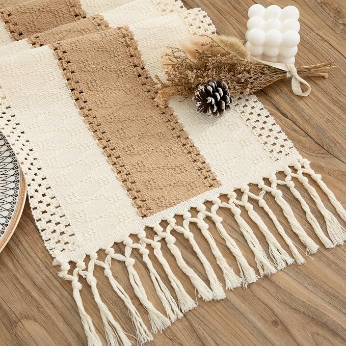 Boho Brown Table Runner, 12x36 Inches | Tassels, Summer Farmhouse, Woven Cotton by Counfeisly