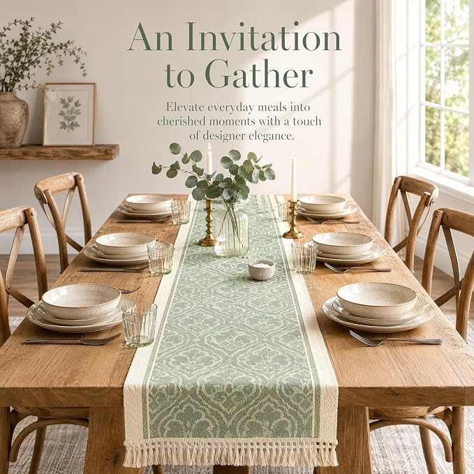 14x138 Botanical Table Runner Waterproof Floral Vine Boho Tassels | Planning a - Image 4