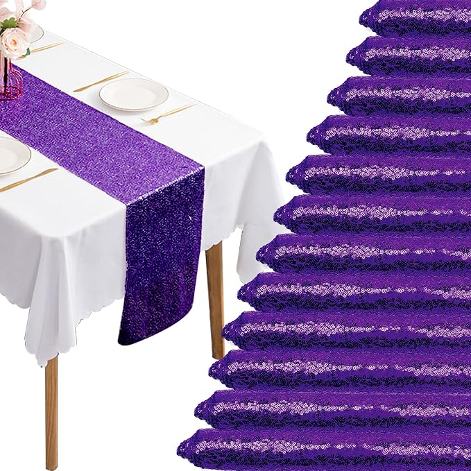 12 Packs 12 X 108 Inch Purple Sequin Table Runner Glitter Dining Table Runner by Fivenl