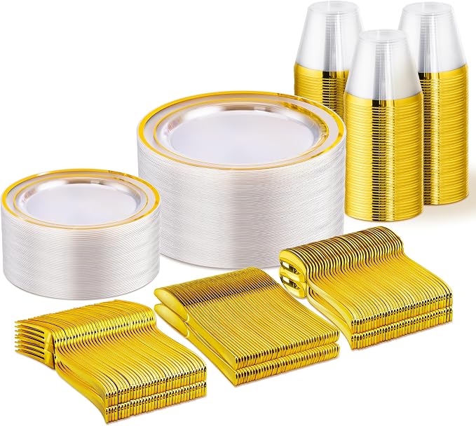 WELLIFE 300 PCS Clear Gold Disposable Dinnerware Set by WELLIFE