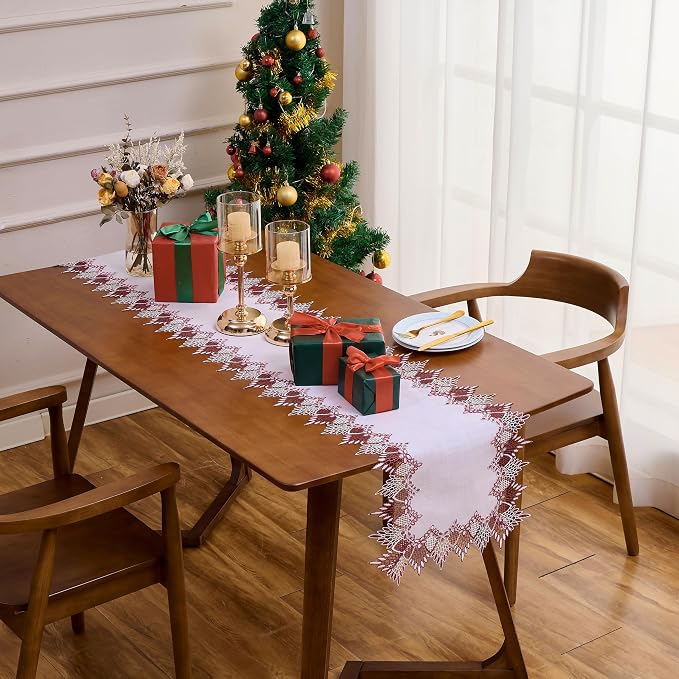 White Dark Red Linen Lace Table Runner 48 inches Dresser Scarf | White Sheer - Image 5