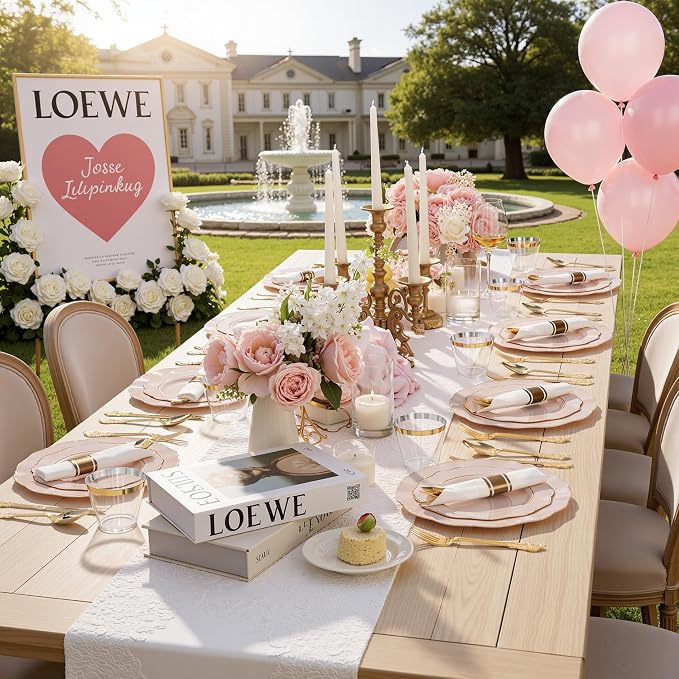 350PCS Pink Plates Disposable-PinK Plates 50guest Baroque Plastic Dinnerware - Image 3