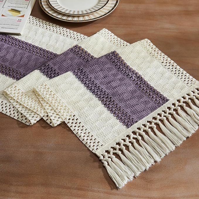 Macrame Style Bicolor Stitching Table Runner 14x48in Purple | Woven Boho Table by ZEEMARTONLINE