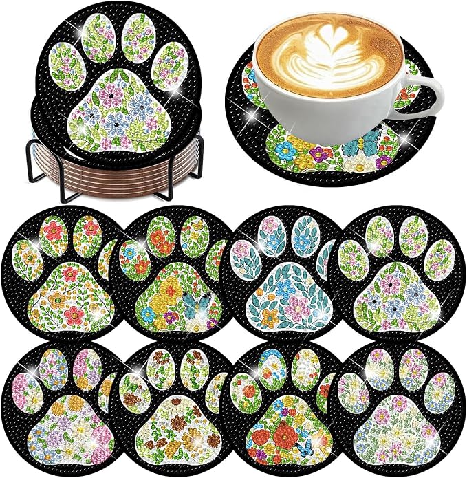 ijbnhd 8 Pcs Flower Diamond Art Coasters Kits 4x4 inch | Dog Paw Diamond by ijbnhd