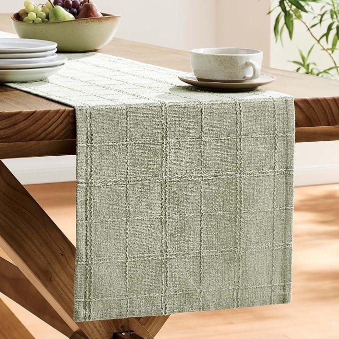 Linen Checked Farmhouse Table Runner, 13x108 Inches Seeding Green | Raised Grid - Image 4
