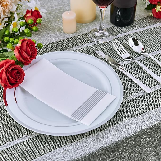 Vplus 100 Pack 10in Silver Rimmed White Disposable Plastic Plates - Image 3