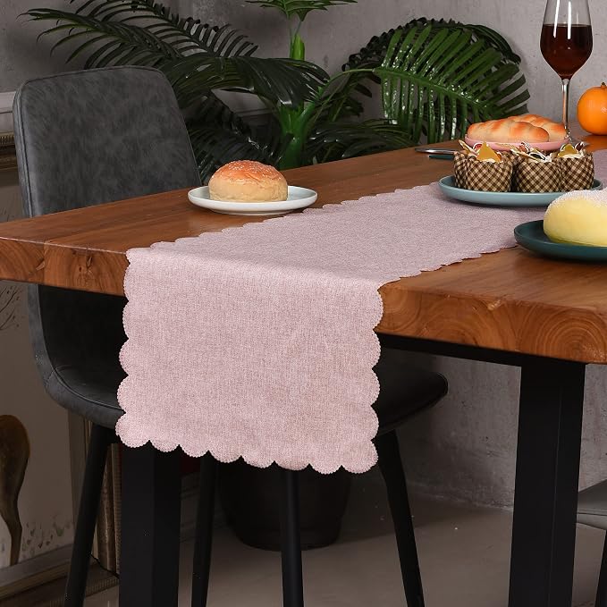 Pink Cotton Table Runner 13 x 72 in Long Farmhouse Scallop Style | Dresser - Image 2