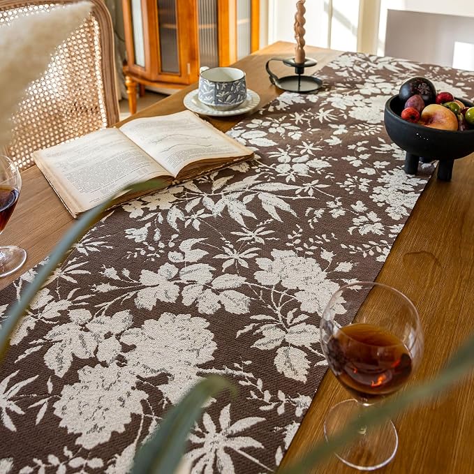 Botanical Floral Dining Table Runner Dark Brown 13 x 71 Inch | Jacquard Flower - Image 3