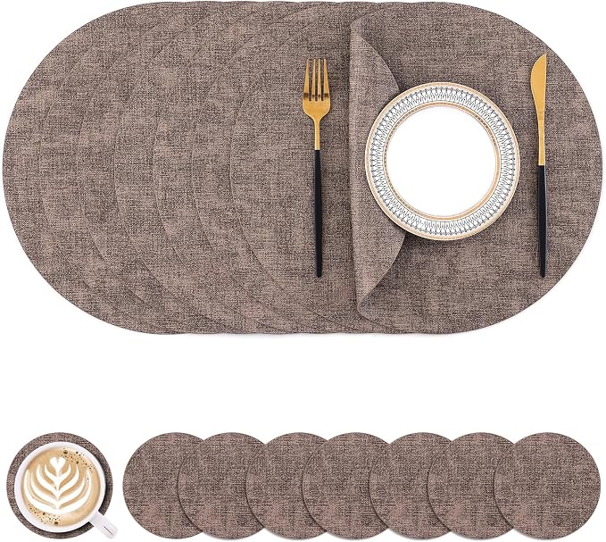 Homaxy Round Faux Leather Placemats and Coasters, Dark Brown | Washable by Homaxy