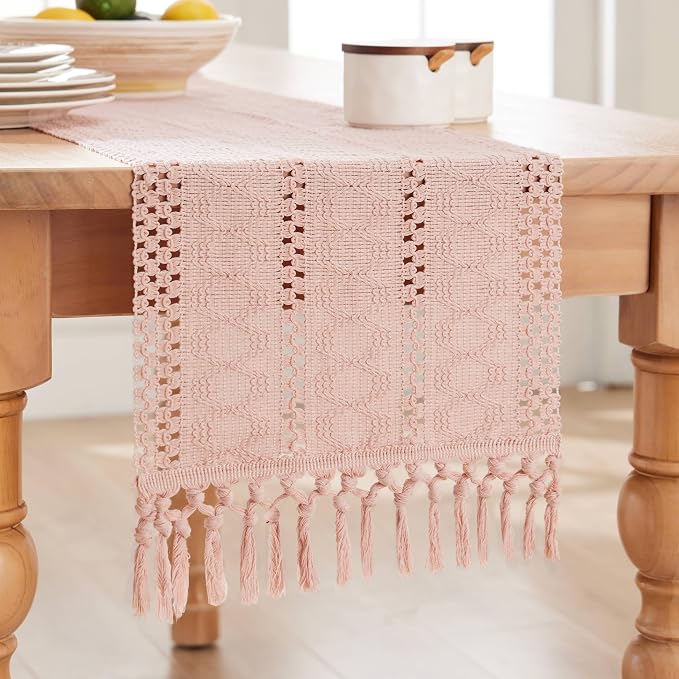 Macrame Style Boho Table Runner, 12x72 Inch Light Pink | Woven Boho Table Runner - Image 7