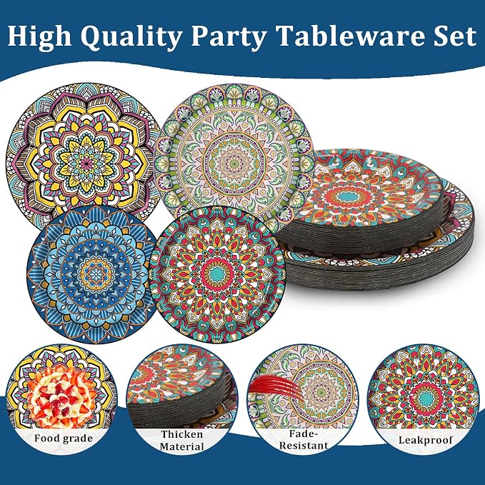 100PCS Boho Paper Plates 7Inch & 9Inch, Vintage Bohemian Disposable Dinnerware - Image 4