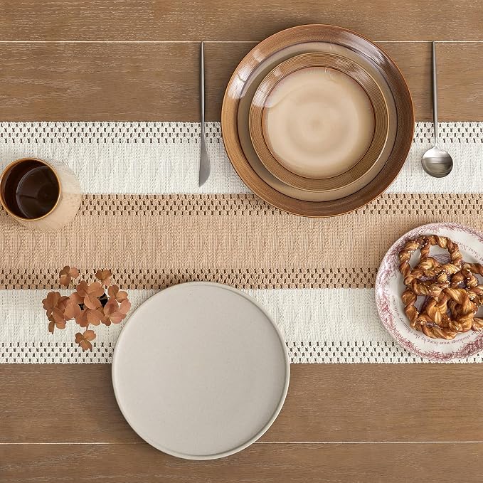Macrame Style Bicolor Stitching Table Runner 14x108in Beige | Woven Boho Table - Image 5