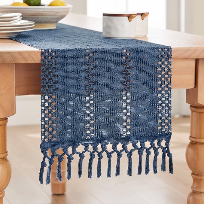Macrame Style Boho Table Runner, 12x108 Inch Dusty Blue | Woven Boho Table - Image 7