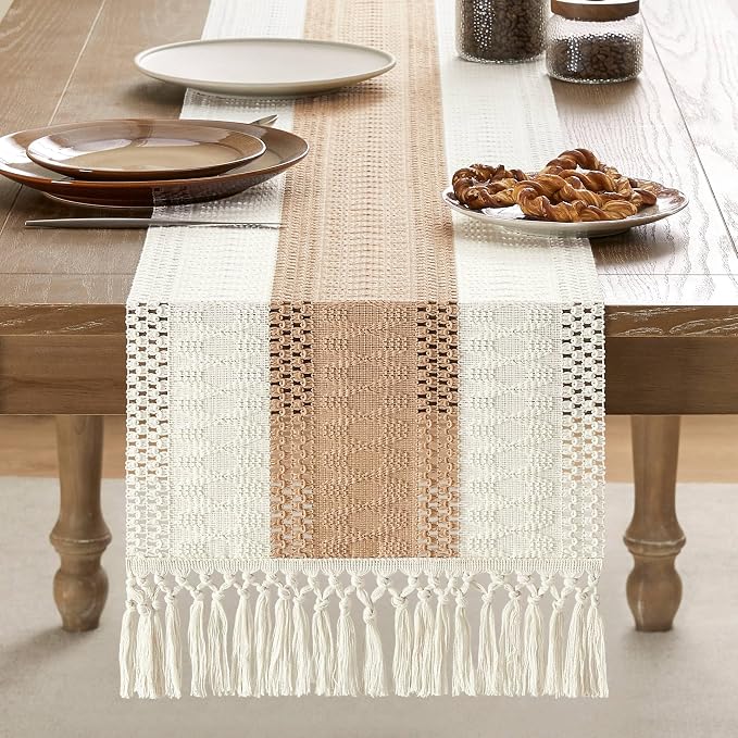 Macrame Style Bicolor Stitching Table Runner 14x48in Beige | Woven Boho Table - Image 2