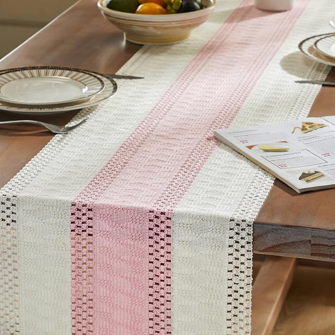 Macrame Style Bicolor Stitching Table Runner 14x90in Light Pink | Woven Boho - Image 5