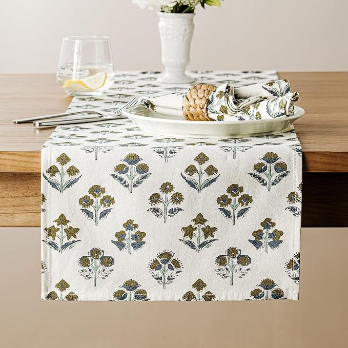 Block Print Floral Decorative Table Runners, 13x48 Inch Brown | 100% Organic by Unknown