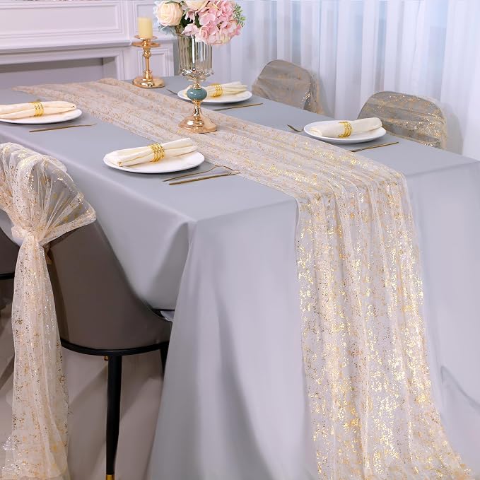 Snowkingdom 3Pcs 10Ft Gold Table Runners, Sheer Gauze Chiffon Cheesecloth - Image 2