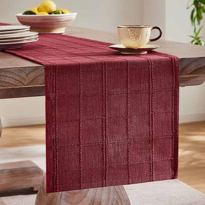 Linen Checked Farmhouse Table Runner, 13x108 Inches Burgundy | Raised Grid - Image 4
