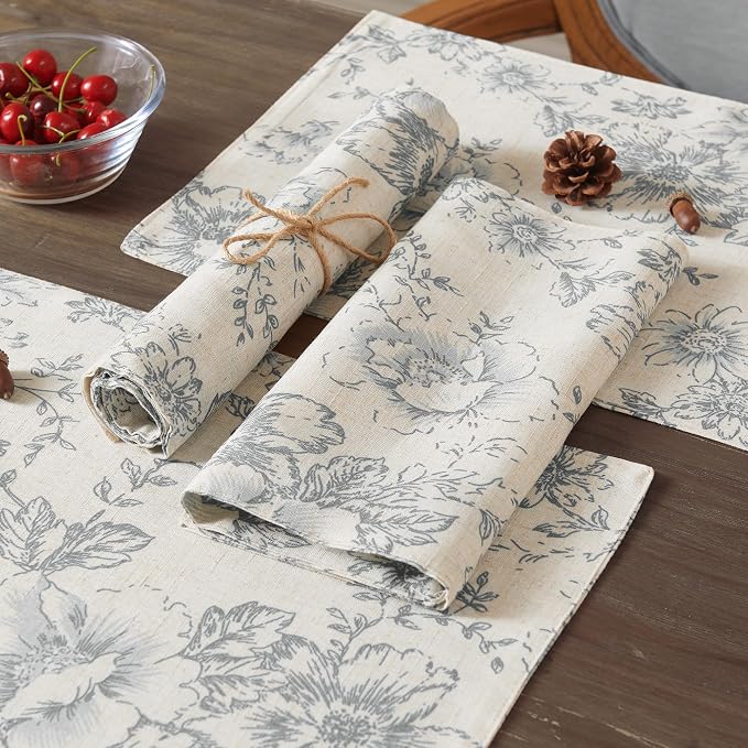 JINCHAN Alice Linen Floral Placemats Set of 4 Farmhouse 13x19 Inch Grey | - Image 4