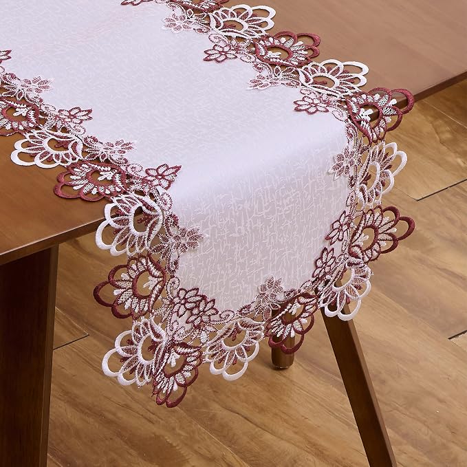 White Dark Red Jacquard Lace Table Runner 90 inches Long, Claret Dresser Scarf by Raedan