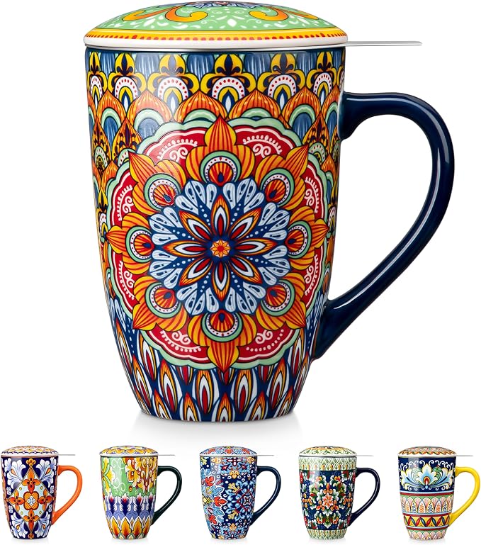 vancasso Ceramic Tea Mug with Infuser and Lid, 18 Ounce Bohemian Loose Leaf Cup by vancasso