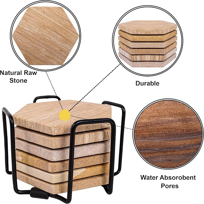Sandstone Water Absorbent Hand Crafted Hexagon Coasters - Image 3