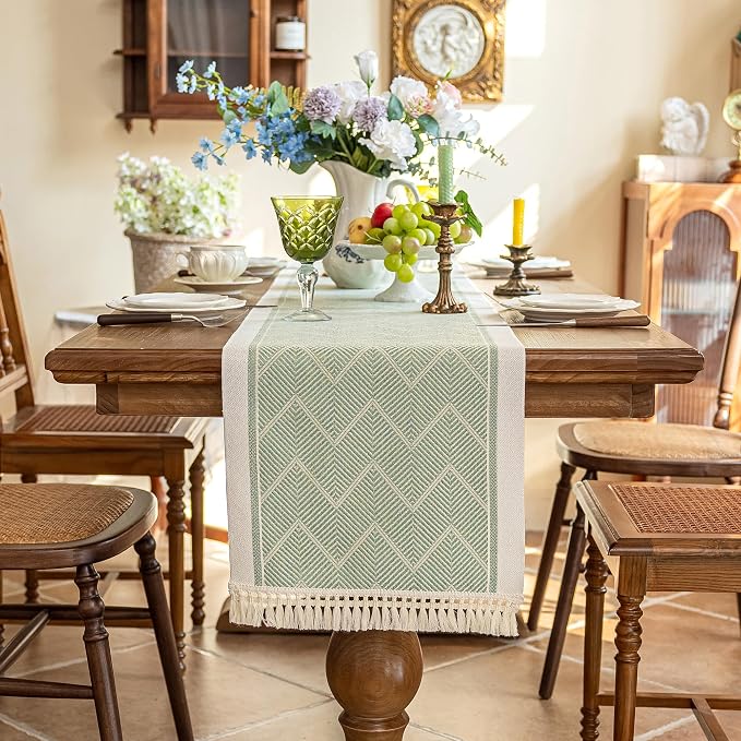 14x63 Geometric Table Runner Waterproof Boho Dresser Scarf Tassels | Tired of a - Image 6