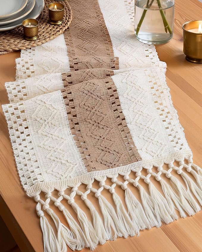 Pureegg Boho Table Runner 12 x 108 Inch, Woven Tassel Design | Dining Table by Pureegg