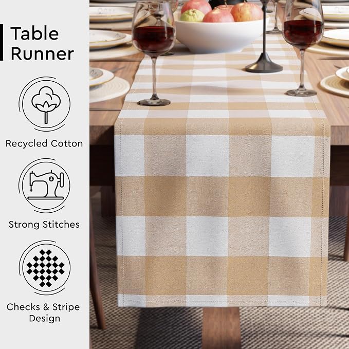Encasa XO Table Runner, Woven Cotton Dining Runner 13"x91" Buffalo Beige Checks - Image 3