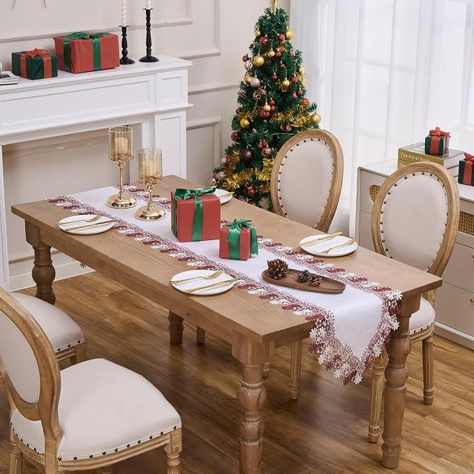 White Dark Red Floral Lace Table Runner Dresser Scarf | Dresser Scarf, Lace - Image 3