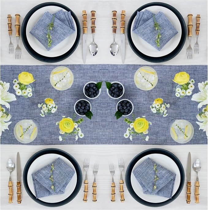 Solino Home 100% Pure Linen Table Runner Chambray Indigo, Athena 14 x 60 in | - Image 4
