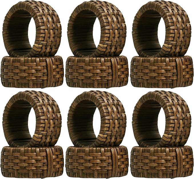 Jute Cane Napkin Rings, Walnut | Plastic & cane, 2.25x2.25x1.5 in each by CLEENTABLE