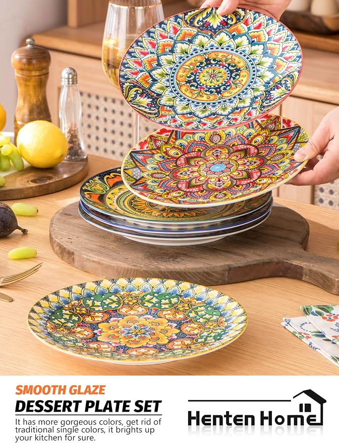 Henten Home Ceramic Dessert Plates Set of 6, 8.5 Inch Porcelain Salad Plate - Image 5