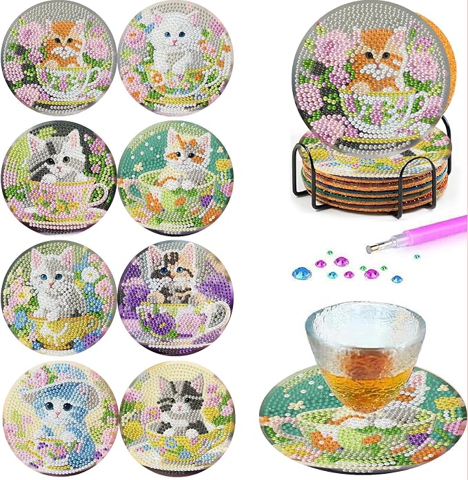 Mrnsiet 8PCS Cat Diamond Art Coaster Kits by Mrnsiet