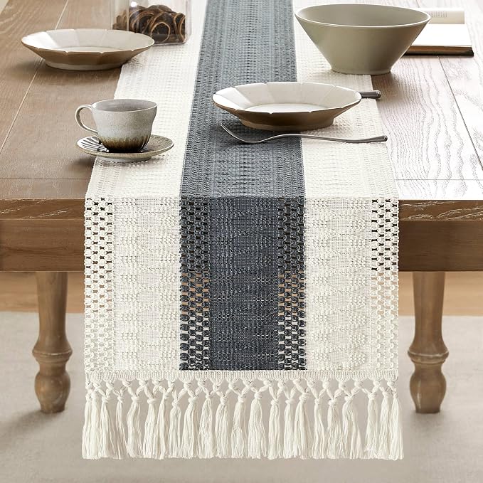 Macrame Style Bicolor Stitching Table Runner 14x48in Charcoal | Woven Boho - Image 2