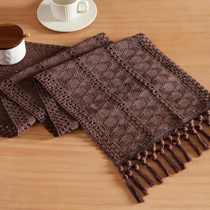 Macrame Style Boho Table Runner, 12x48 Inch Chocolate | Woven Boho Table Runner by ZEEMARTONLINE