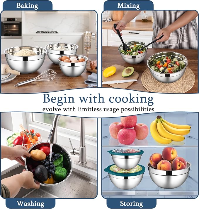 LIANYU Stainless Steel Metal Mixing Bowls, 3 Packs Nesting Bowl - Image 3