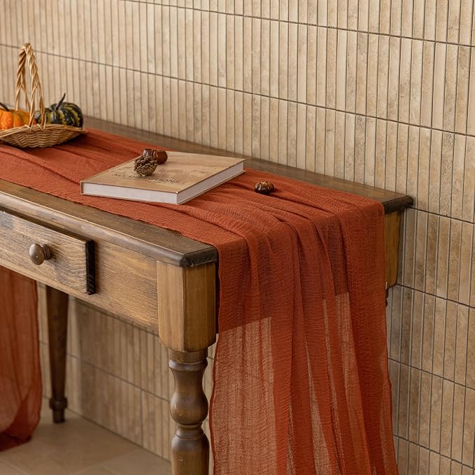 3Pcs Fall Terracotta Cheesecloth Table Runner 120 Inch Party Home Decor | - Image 7