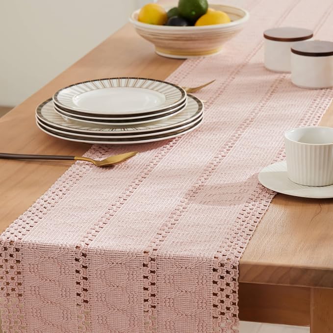 Macrame Style Boho Table Runner, 12x108 Inch Light Pink | Woven Boho Table - Image 5