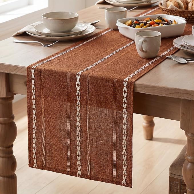 Artoid Mode Caramel Rustic Cotton Linen Table Runner, Seasonal Fall Embroidered by ArtoidMode