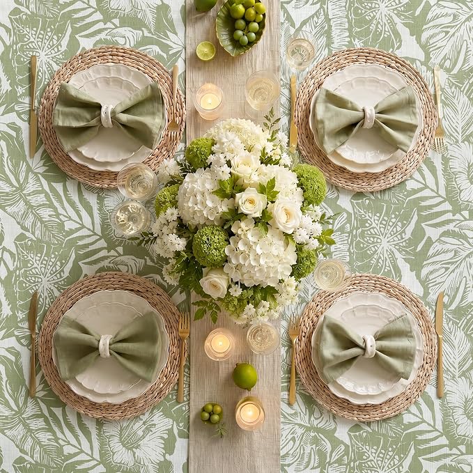 jinchan Green Tropical Floral Linen Rectangle Table Cloth 50x70 | Tropical - Image 7