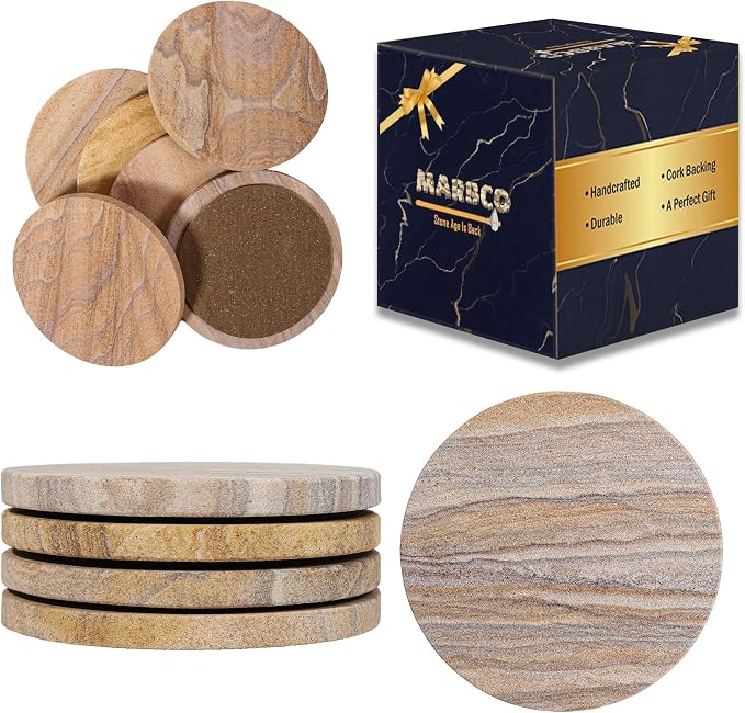 Sandstone Water Absorbent Hand Crafted Round Coasters by Marbco