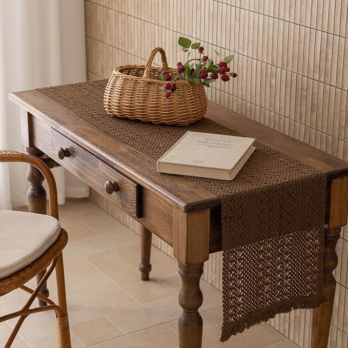 Fall Thanksgiving Boho Macrame Brown Table Runner 13x60 Inch | Woven Burlap - Image 4