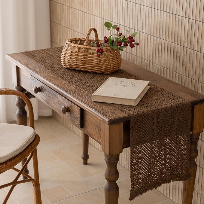 Fall Thanksgiving Boho Macrame Brown Table Runner 13x72 Inch | Woven Burlap - Image 5